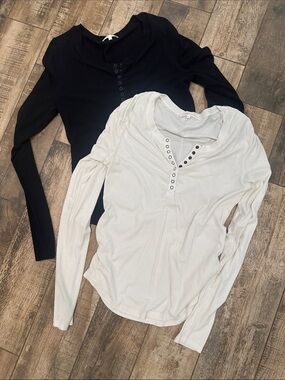 Bohme essentials-Long-Sleeve Henley Top - Black & Ivory